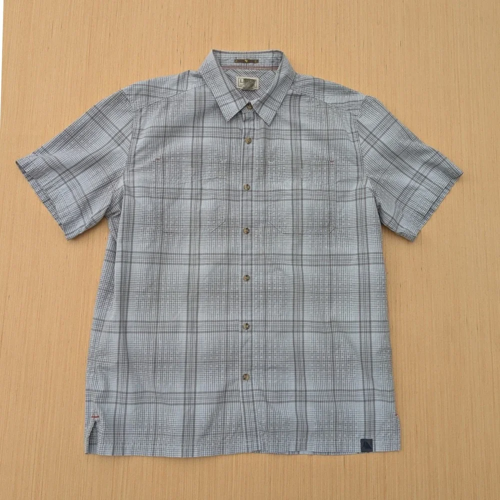 L.L. Bean Gray Plaid Short Sleeve Casual Button Up Shirt Men's‎ Large